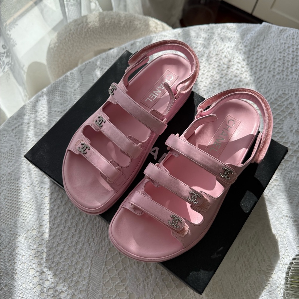 Chanel 24S Leather Pink Sandals with Crystal Logo Accents